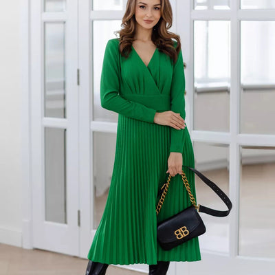 Damen schickes Maxikleid mit elegantem V-Ausschnitt und plissierter Textur Heidi-Mode