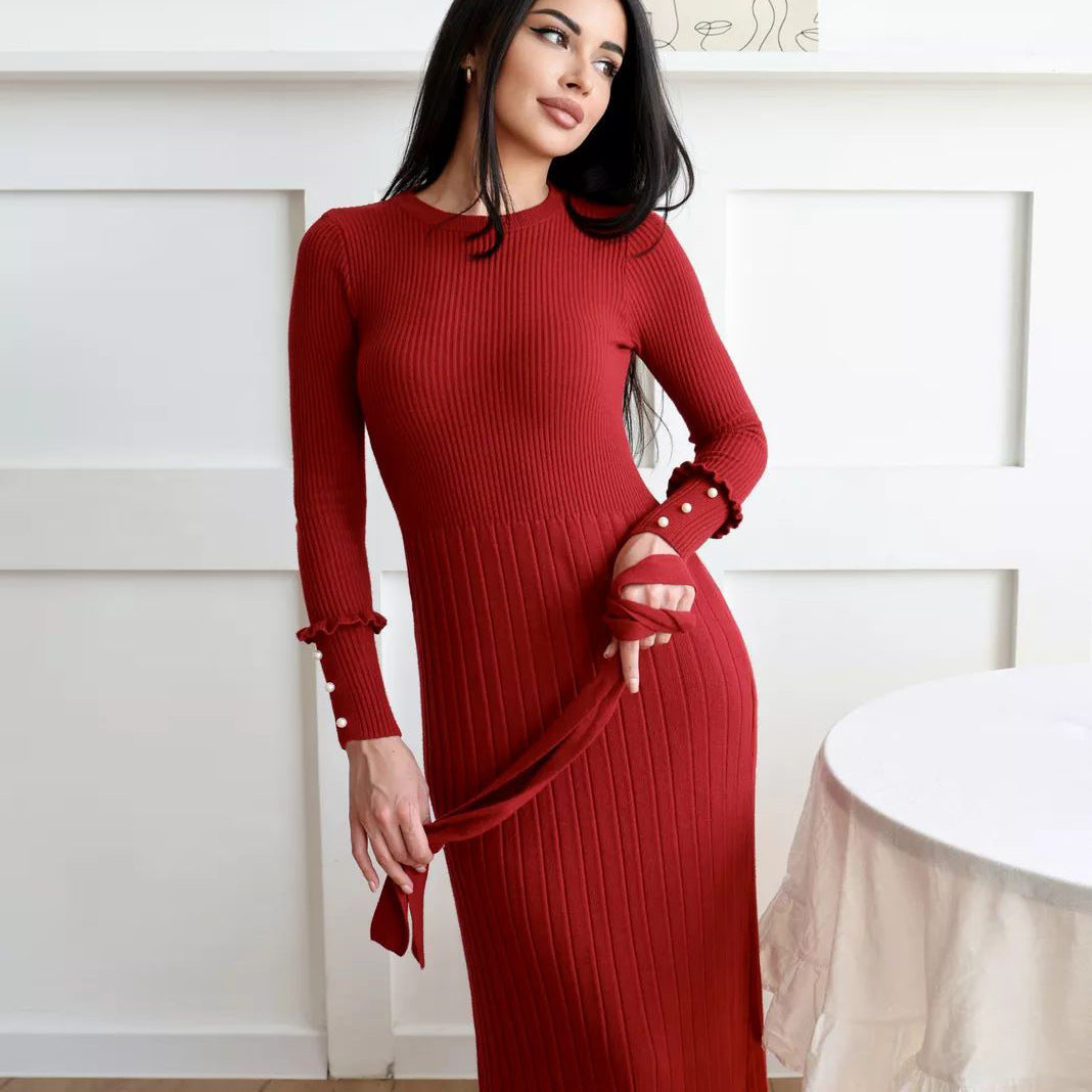 Damen Feinstrick Kleid mit elegante Rippstruktur und modischen Ärmelakzenten Heidi-Mode