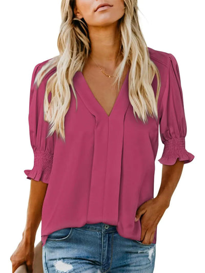 Damen elegante Bluse mit V-Ausschnitt und Rüschendetails Heidi-Mode