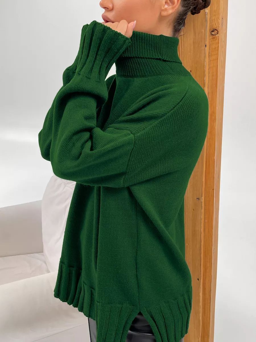 Damen Oversized Strickpullover mit hohem Kragen und seitlichen Schlitzen Heidi-Mode