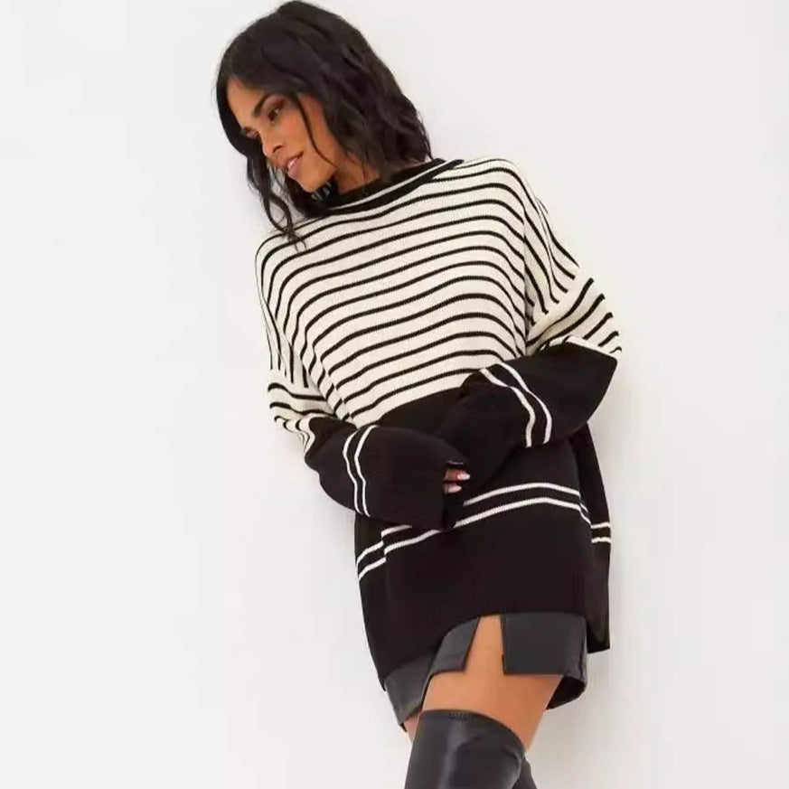 Damen lässiger Strickpullover mit breitem Streifenmuster und lässigem Schnitt Heidi-Mode