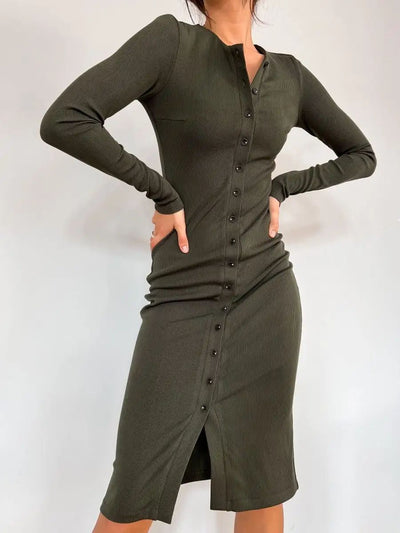 Damen figurbetontes Midi-Kleid mit Knopfleiste und elegantem V-Ausschnitt Heidi-Mode