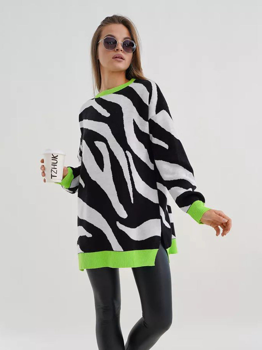 Damen komfortabler Strickpullover mit auffälligem Zebramuster und Kontrastbündchen Heidi-Mode