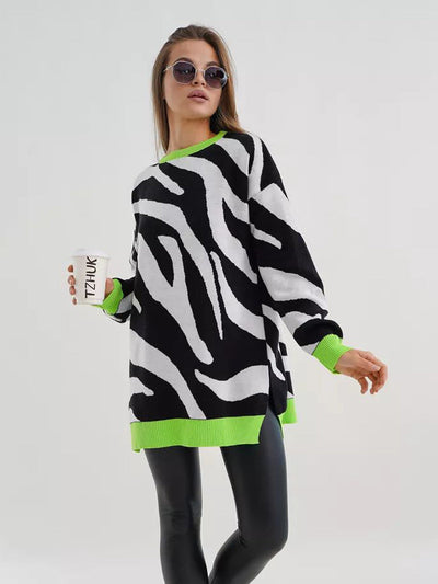 Damen komfortabler Strickpullover mit auffälligem Zebramuster und Kontrastbündchen Heidi-Mode