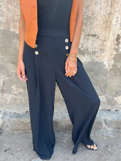 Damen High-Waist Palazzo-Hosen mit modischen Knopfdetails Heidi-Mode