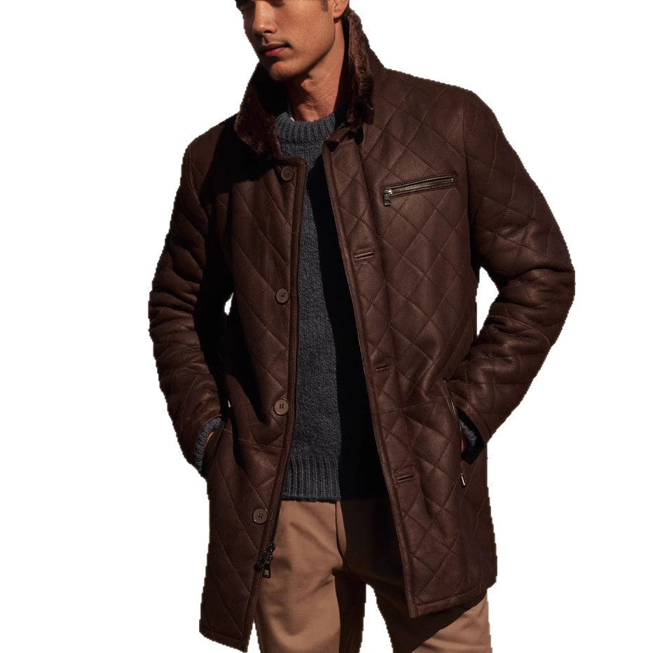 Herren gesteppter Kunstleder-Mantel mit Teddyfell-Kragen Aliams