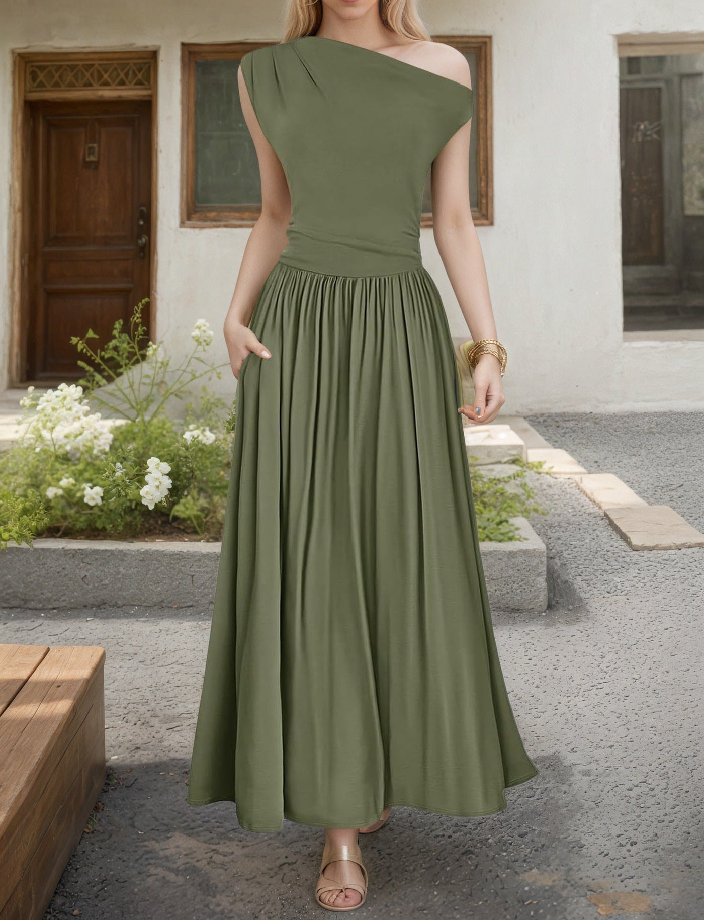 Damen Maxikleid mit asymmetrischem Ausschnitt und fließendem Rock Heidi-Mode
