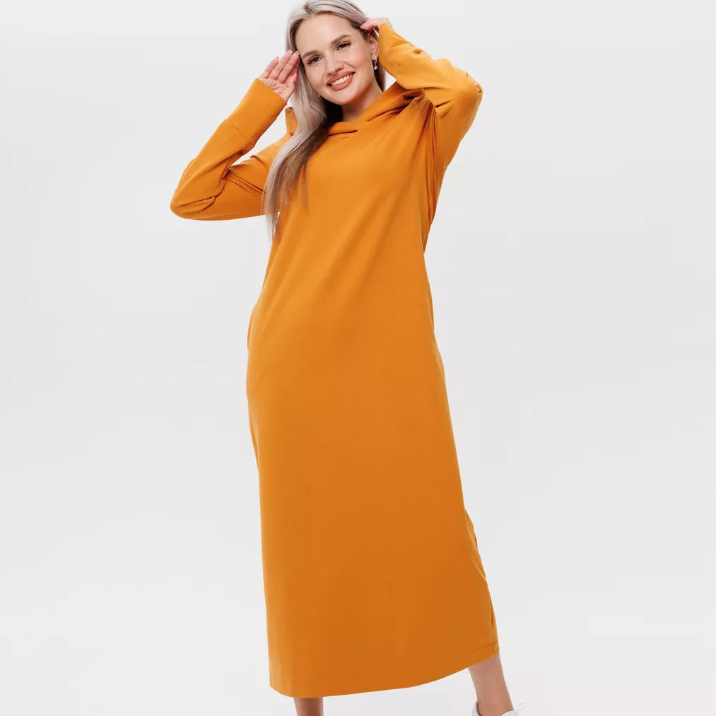 Damen kuscheliges Sweatkleid mit Kapuze und Eingrifftaschen Heidi-Mode