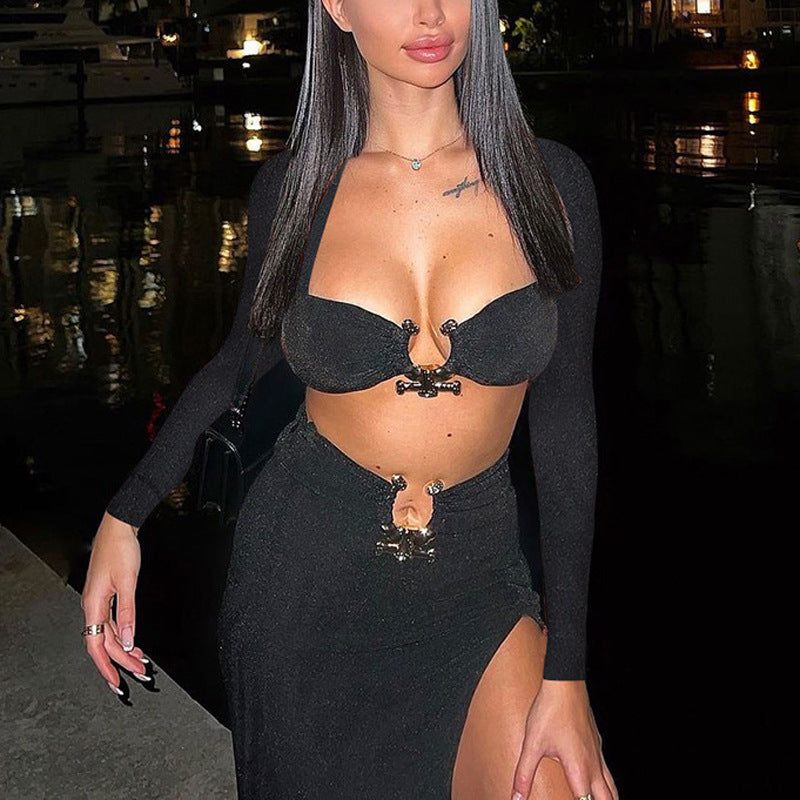 Damen Crop-Top mit langen Ärmeln und dekorativem Clipp-Verschluss Heidi-Mode