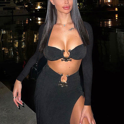 Damen Crop-Top mit langen Ärmeln und dekorativem Clipp-Verschluss Heidi-Mode