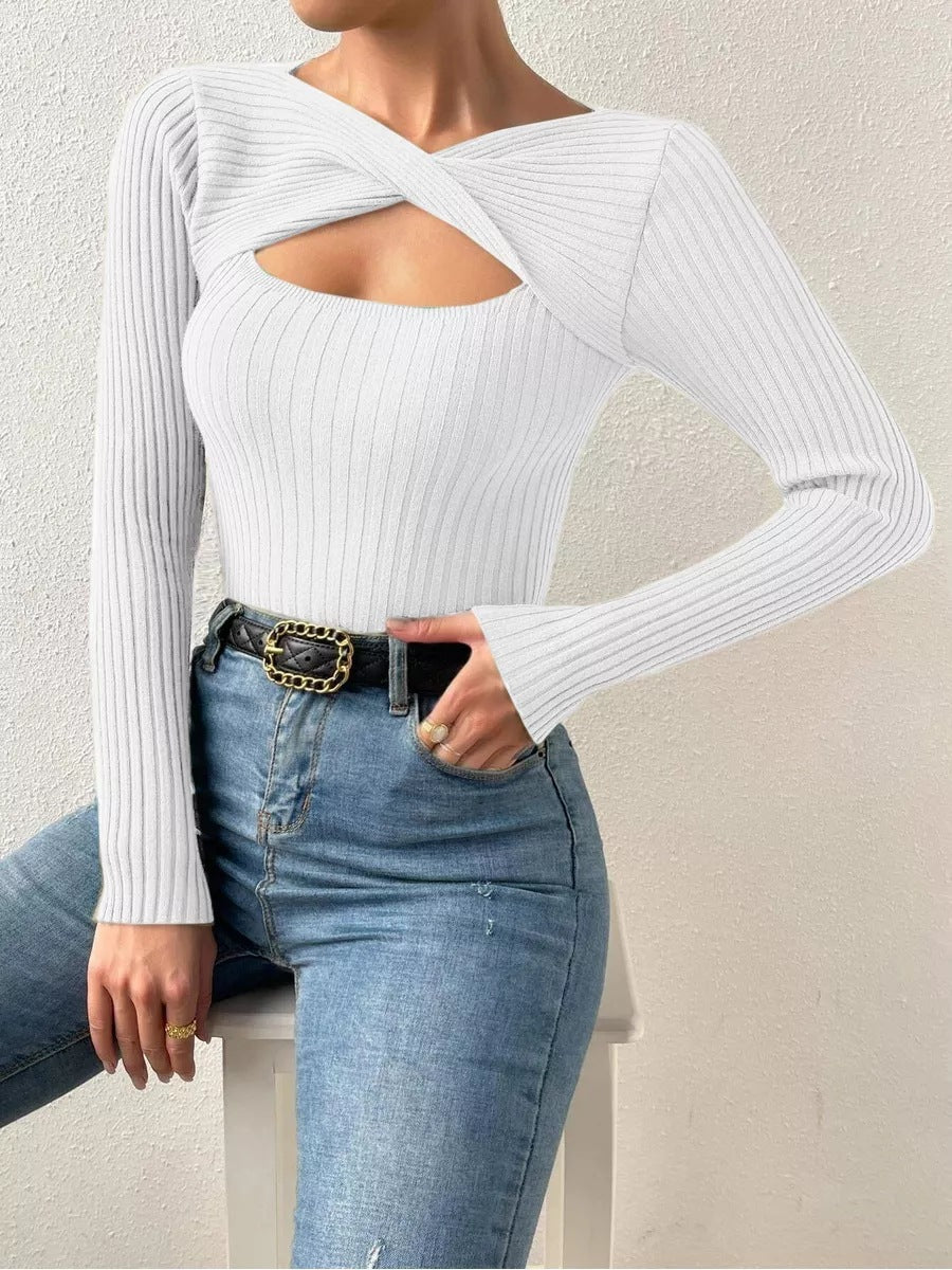 Damen figurbetontes langärmliges Oberteil mit querverlaufendem Ausschnitt und Rippstruktur Heidi-Mode