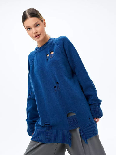 Damen Oversized Strickpullover mit Fransen und Loch-Design Heidi-Mode
