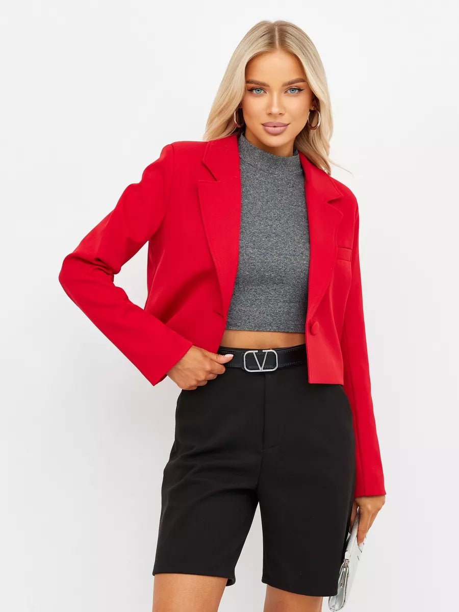 Damen elegante Cropped Blazerjacke mit klassischem Schnitt und Schulterpolster Heidi-Mode