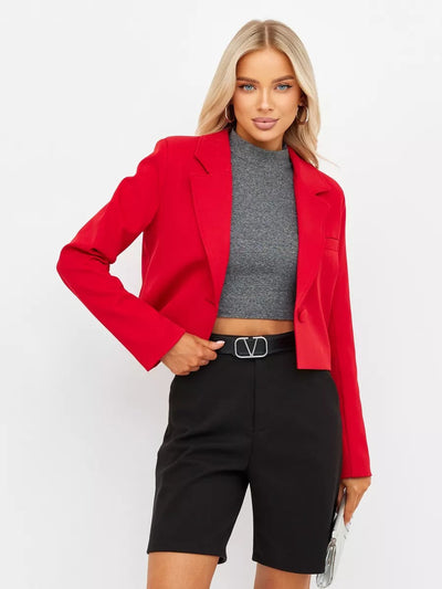 Damen elegante Cropped Blazerjacke mit klassischem Schnitt und Schulterpolster Heidi-Mode