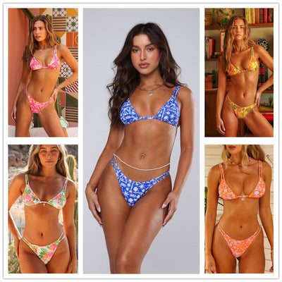 Damen Floral Print Triangle Bikini Set mit verstellbaren Trägern Heidi-Mode