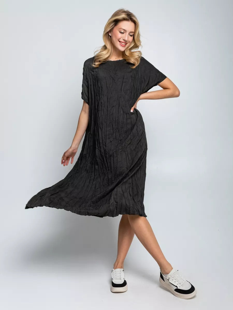 Damen lässiges Midikleid aus leichtem Stoff mit Faltenwurf und kurzem Arm Heidi-Mode