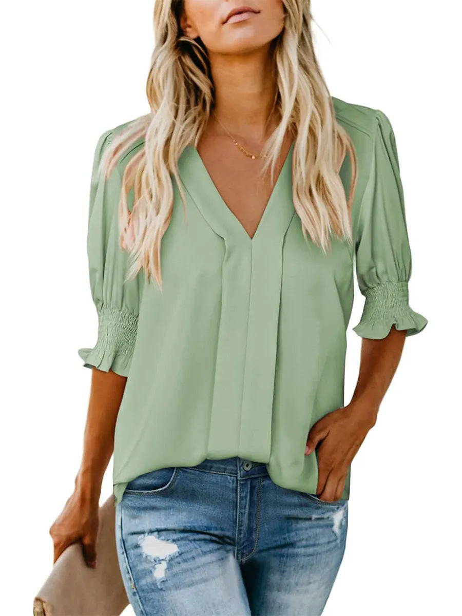 Damen elegante Bluse mit V-Ausschnitt und Rüschendetails Heidi-Mode