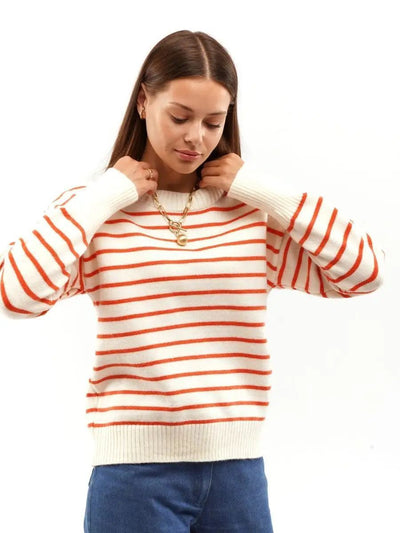 Damen lässiger Streifenpullover mit weitem Schnitt und hochgeschlossenem Rundhalsausschnitt Heidi-Mode