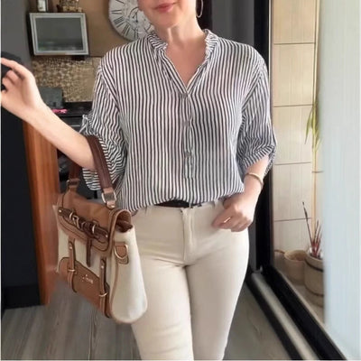 Damen lässige Bluse mit Knopfleiste und Streifenmuster Heidi-Mode