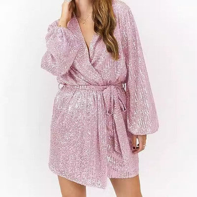 Damen Glitzernder Morgenmantel mit elegantem V-Ausschnitt und breiten Ärmeln Heidi-Mode