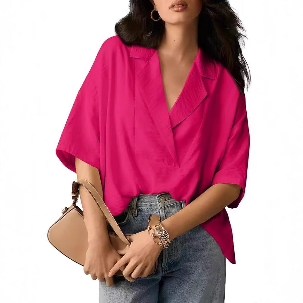 Damen lockeres und stilvolles Blusenoberteil mit V-Ausschnitt und kurzen Ärmeln Heidi-Mode