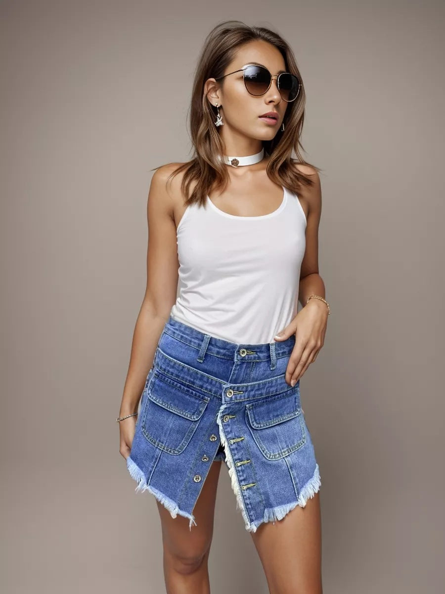 Damen Jeansrock im stylischen Miniformat mit Knopfdetails und Fransenabschlüssen Heidi-Mode