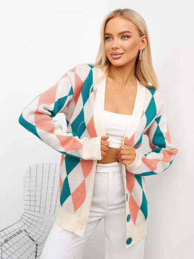 Damen kuscheliger Cardigan mit Rautenmuster und Knopfverschluss Heidi-Mode