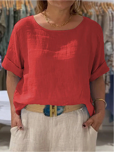 Damen lässige Leinenbluse mit umschlagbaren Ärmeln und elegantem Rundhalsausschnitt Heidi-Mode