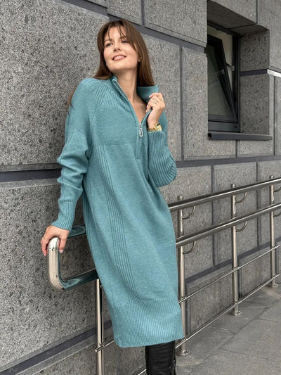 Damen Strickkleid mit kurzem Reißverschluss und lässigem Raglan-Schnitt Heidi-Mode