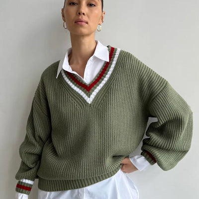 Damen Strickpullover mit V-Ausschnitt und gestreiften Details Heidi-Mode