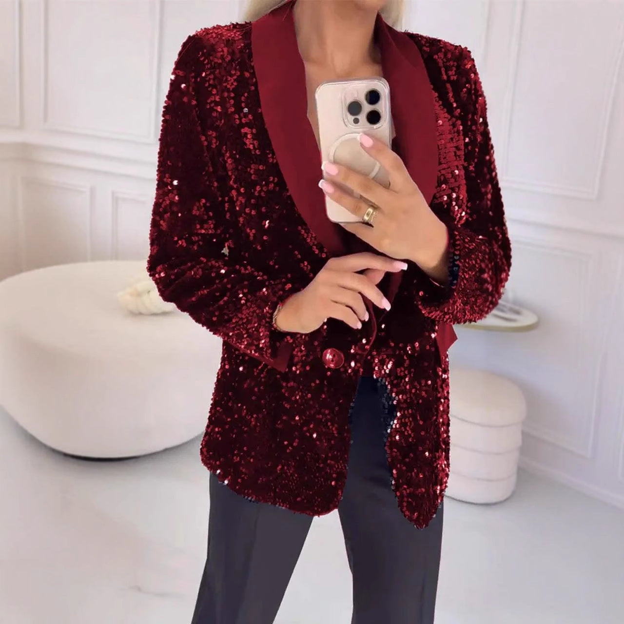 Damen eleganter Pailletten Blazer mit schimmerndem Revers Heidi-Mode