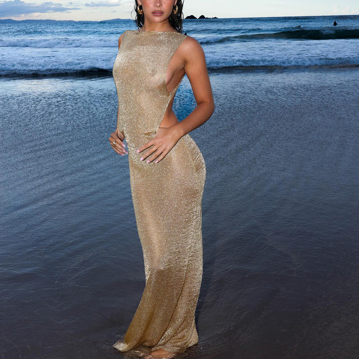 Damen Maxikleid mit seitlichem Schlitz und fließendem Glitzerstoff Heidi-Mode