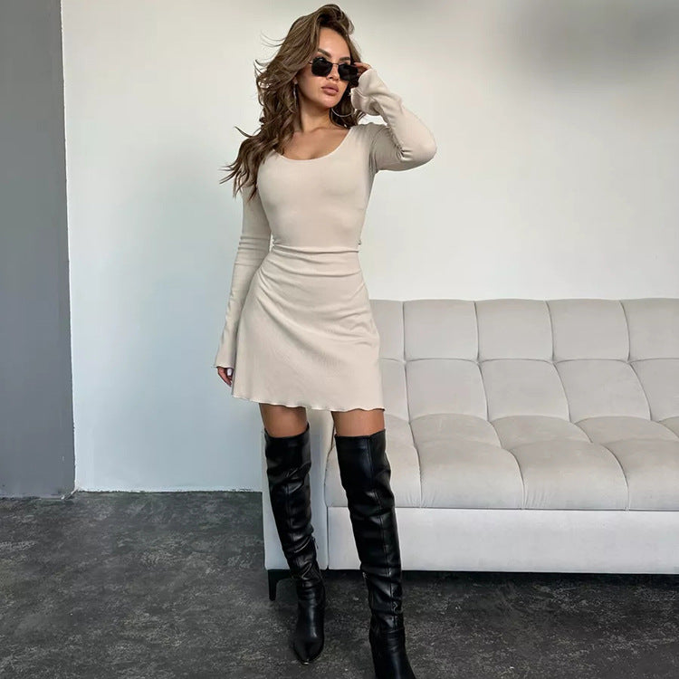 Damen figurbetontes Strickkleid mit Rundhalsausschnitt und langen Ärmeln Heidi-Mode