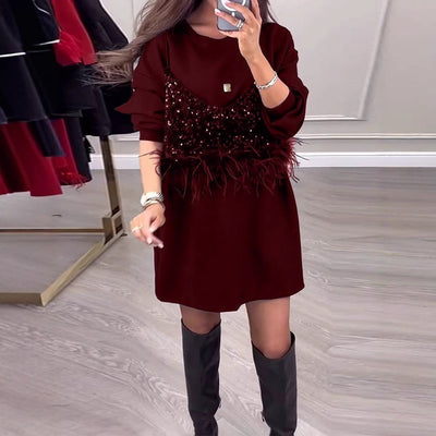 Damen modisches Sweatkleid mit Paillettenoberteil und Federn Heidi-Mode