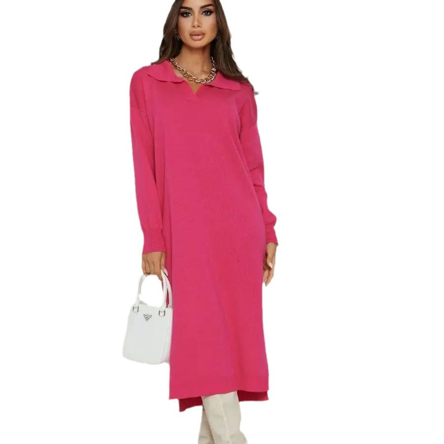 Damen legere Strickkleid mit klassischem Ausschnitt und eleganten Ärmelabschlüssen Heidi-Mode