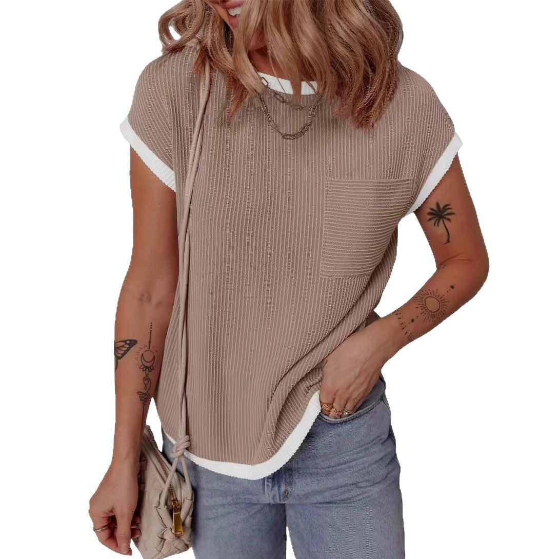 Damen lässiges Kurzarmshirt mit feiner Rippstruktur und praktischer Brusttasche Heidi-Mode