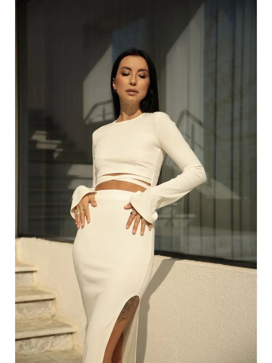 Damen Set mit taillierter Crop-Top und langem Rock mit hohem Schlitz Heidi-Mode