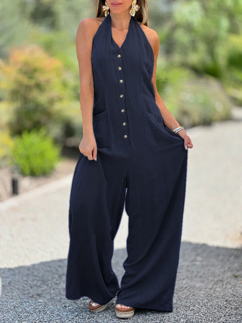 Damen Halter-Jumpsuit mit praktischen Taschen und Knopfverschluss Heidi-Mode