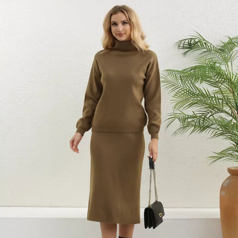 Damen Set aus Pullover und Rock mit hohem Kragen und eleganten Seitenschlitzen Heidi-Mode