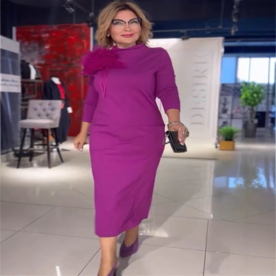 Damen Elegantes Midi-Kleid mit hochgeschlossenem Kragen und langen Ärmeln Heidi-Mode