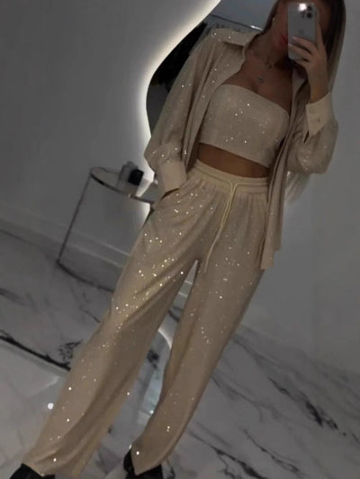 Damen Glitzerndes Lounge-Set mit modischer Jacke und komfortabler Hose Heidi-Mode