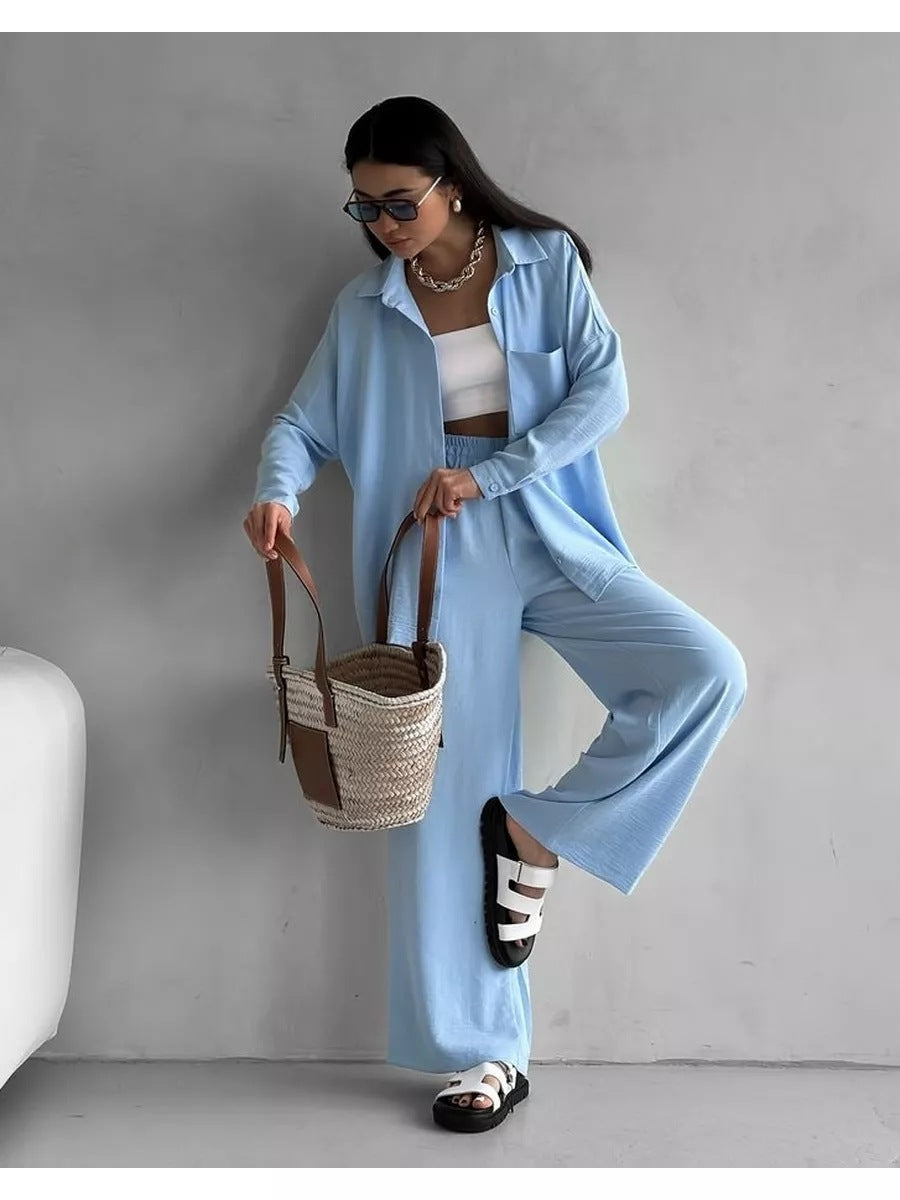 Damen lockerer Leinen-Hosenset mit eleganter Bluse und elastischem Bund Heidi-Mode