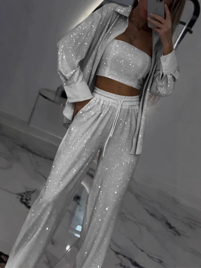 Damen Glitzerndes Lounge-Set mit modischer Jacke und komfortabler Hose Heidi-Mode