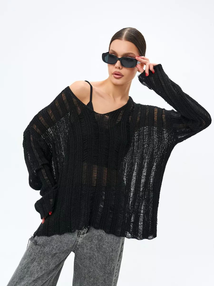 Damen Übergröße Pullover aus leichtem Strickmaterial mit raffiniertem Lochmuster Heidi-Mode