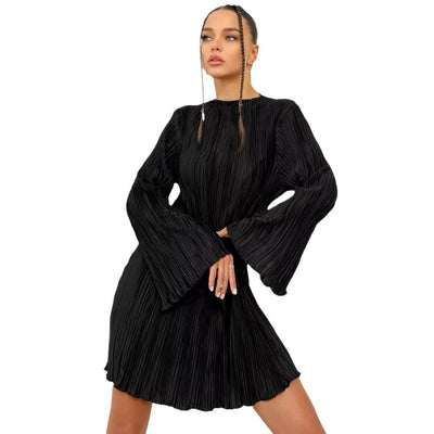 Damen Plissiertes Mini-Kleid mit langem Arm und elegantem Stehkragen Heidi-Mode