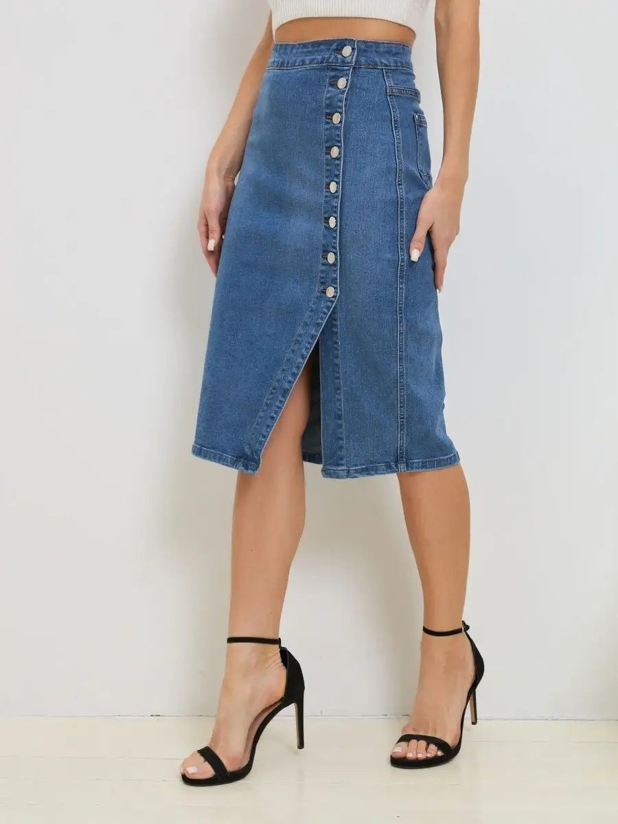 Damen Denim-Midirrock mit Knopfverschluss und hoher Taille Heidi-Mode