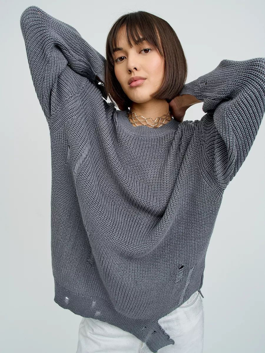 Damen lässiger Strickpullover mit angesagtem Waffelmuster und modischen Cut-Out-Verzierungen Heidi-Mode