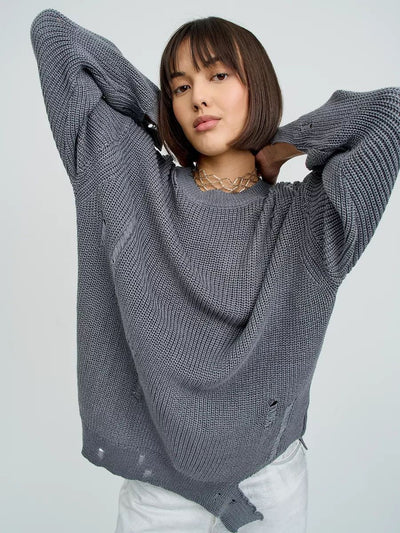 Damen lässiger Strickpullover mit angesagtem Waffelmuster und modischen Cut-Out-Verzierungen Heidi-Mode