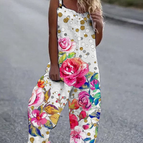 Damen luftiger Jumpsuit mit buntem Blumenmuster und verstellbaren Trägern Heidi-Mode