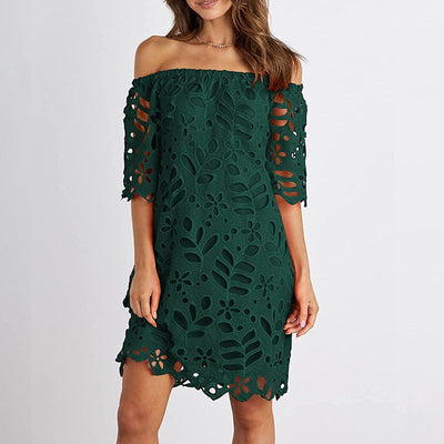 Damen Romantisches Off-Shoulder Kleid mit floralem Lochmuster und weit geschnittenen Ärmeln Heidi-Mode